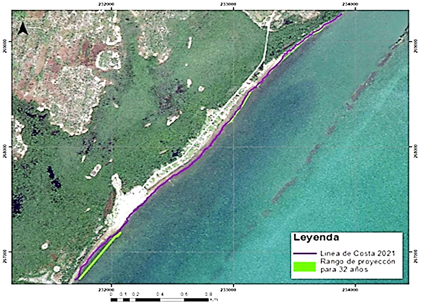 Mapa del rango de proyección de la línea de costa futura, con la línea de costa del 2021 como referencia.