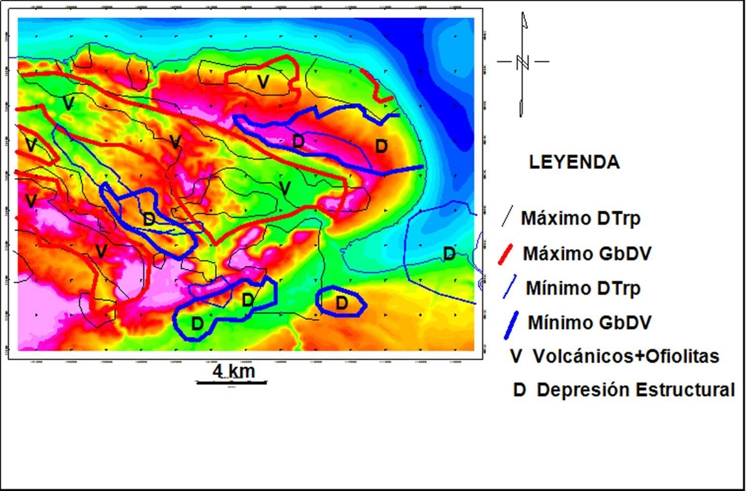 Esquema de la estructura geológica del territorio en base a la interpretación integrada de los datos gravi-magnéticos-morfométricos