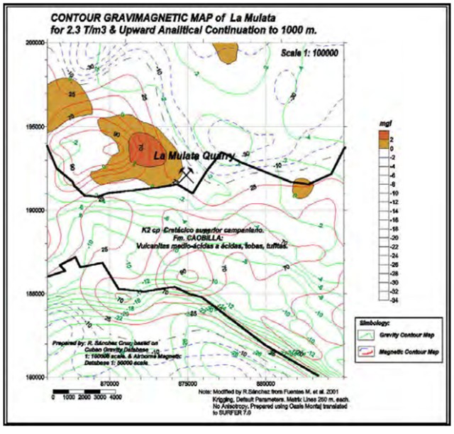 Superposición de mapas magnéticos (reducción al polo) y de gravedad (2,3 Kg/m3). Se pueden observar las proyecciones superiores de las rocas volcánicas de La Mulata (10 Km SO de Nuevitas), marcadas con M&G (M para Anomalía Magnética y G para Anomalía de Gravedad